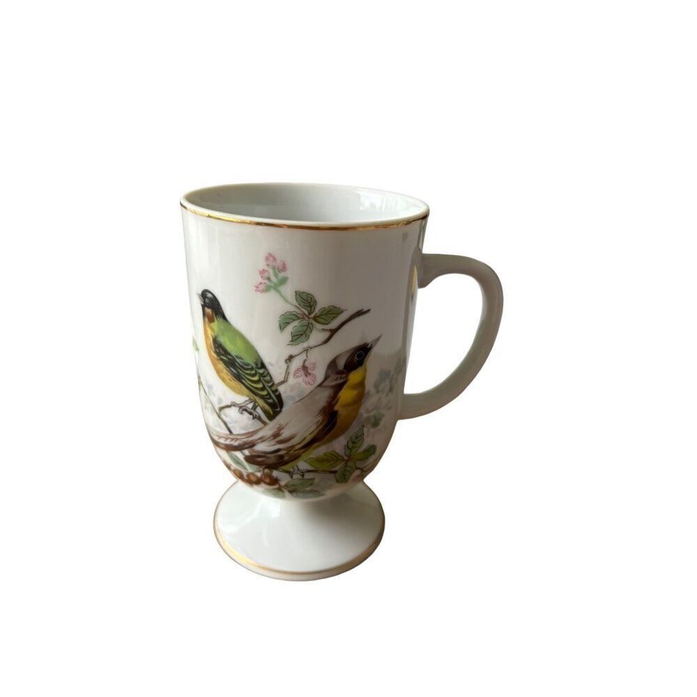 Vintage Porcelain Bird Mug With Gold Trim 6" Tall Footed Pedestal